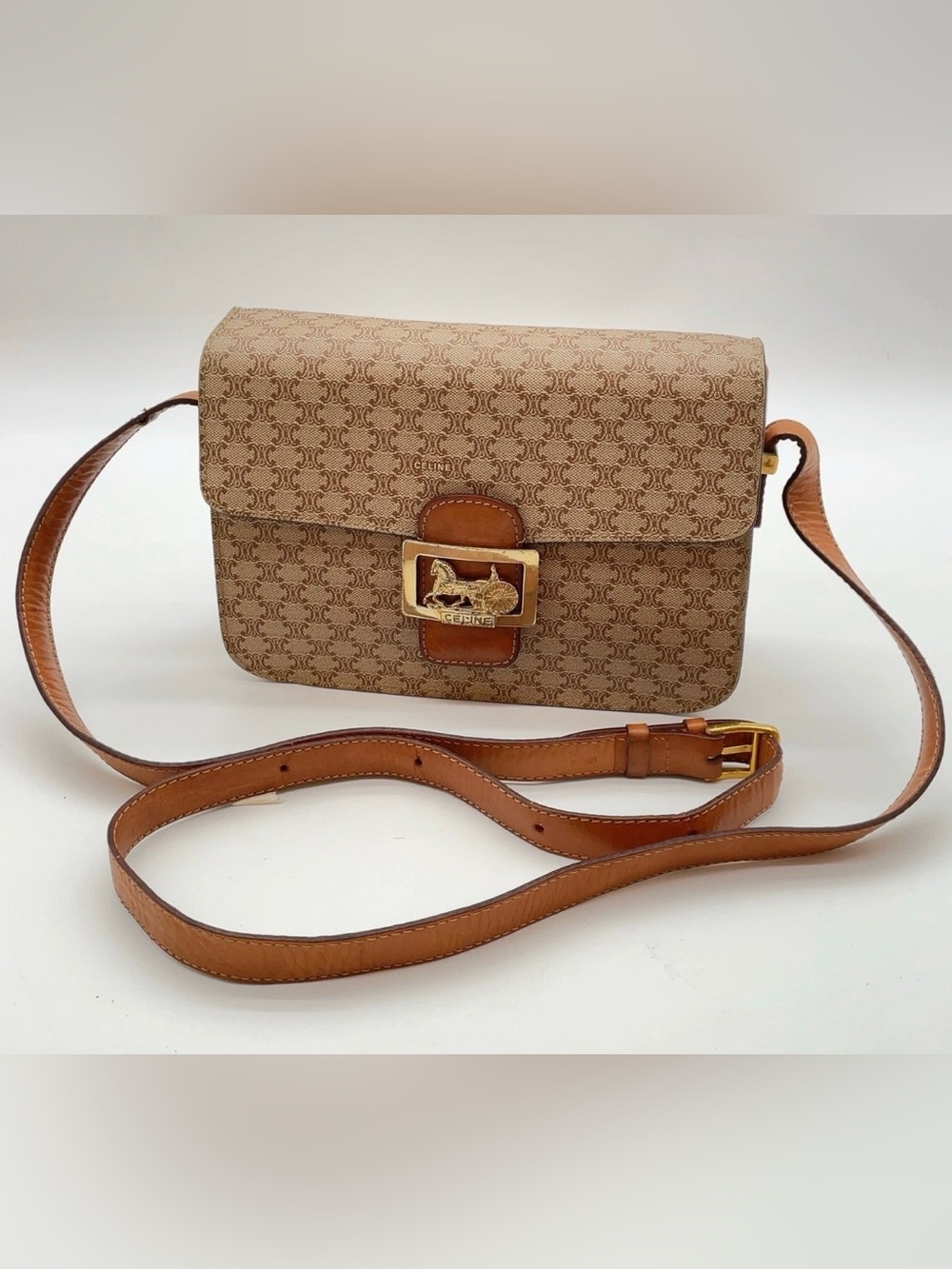 CELINE Vintage 90’s Rare Brown Macadam Triomphe Canvas Horse Carriage Crossbody